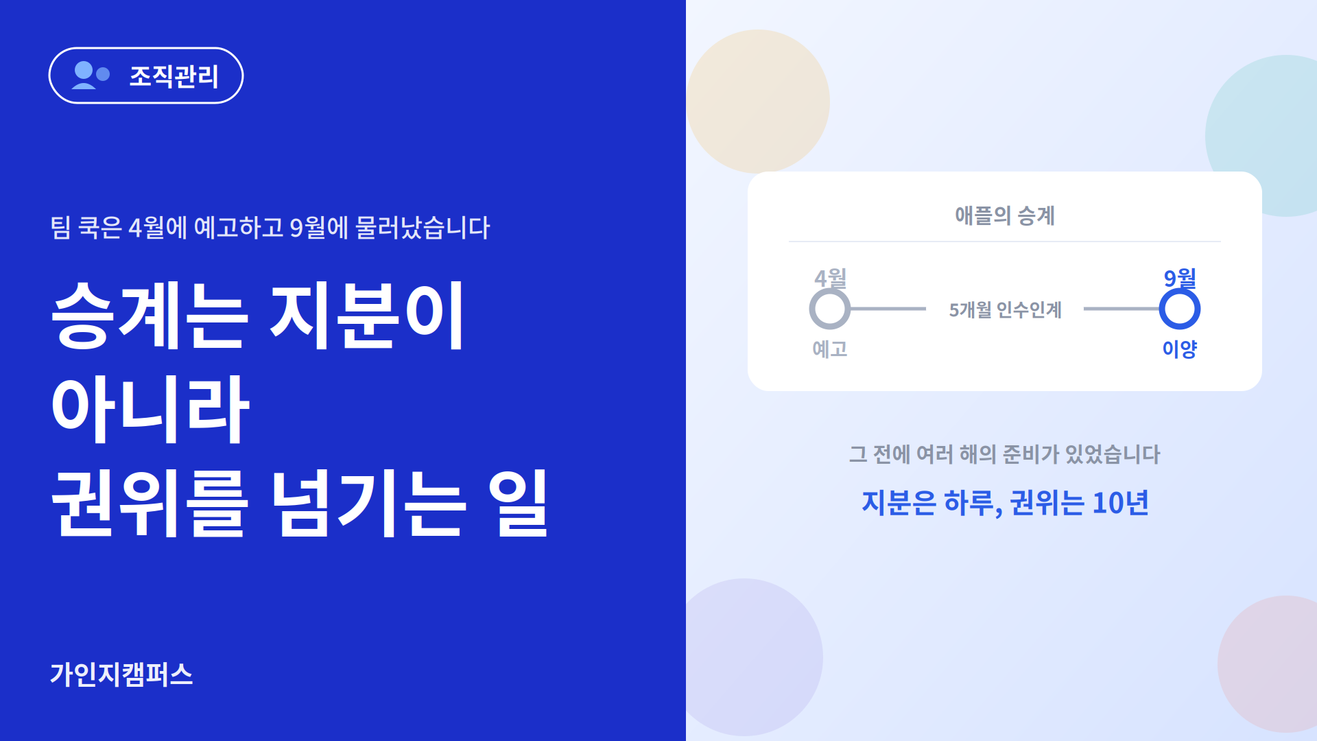 팀 쿡은 4월에 예고하고 9월에 물러났습니다 : 승계는 지분이 아니라 권위를 넘기는 일