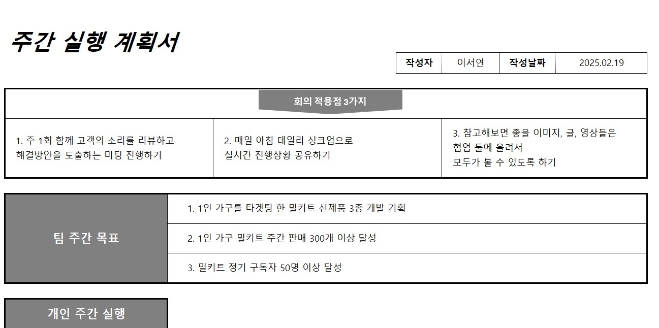 주간 목표 달성! 실행력 강화 플랜, 주간 실행 계획서