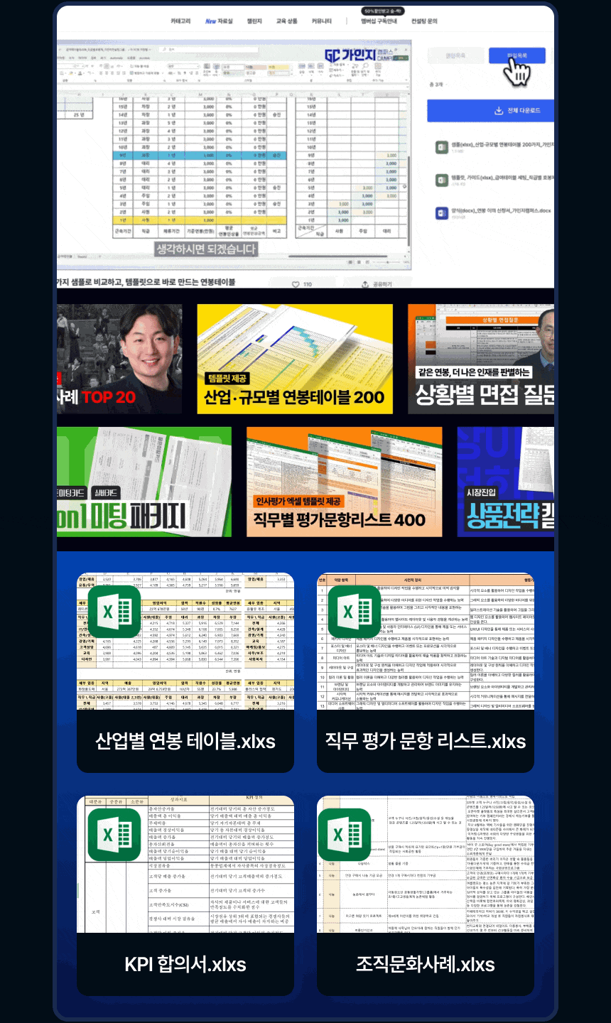 산업별 연봉 테이블, 직무 평가 문항 리스트, KPI 합의서 조직문화사례